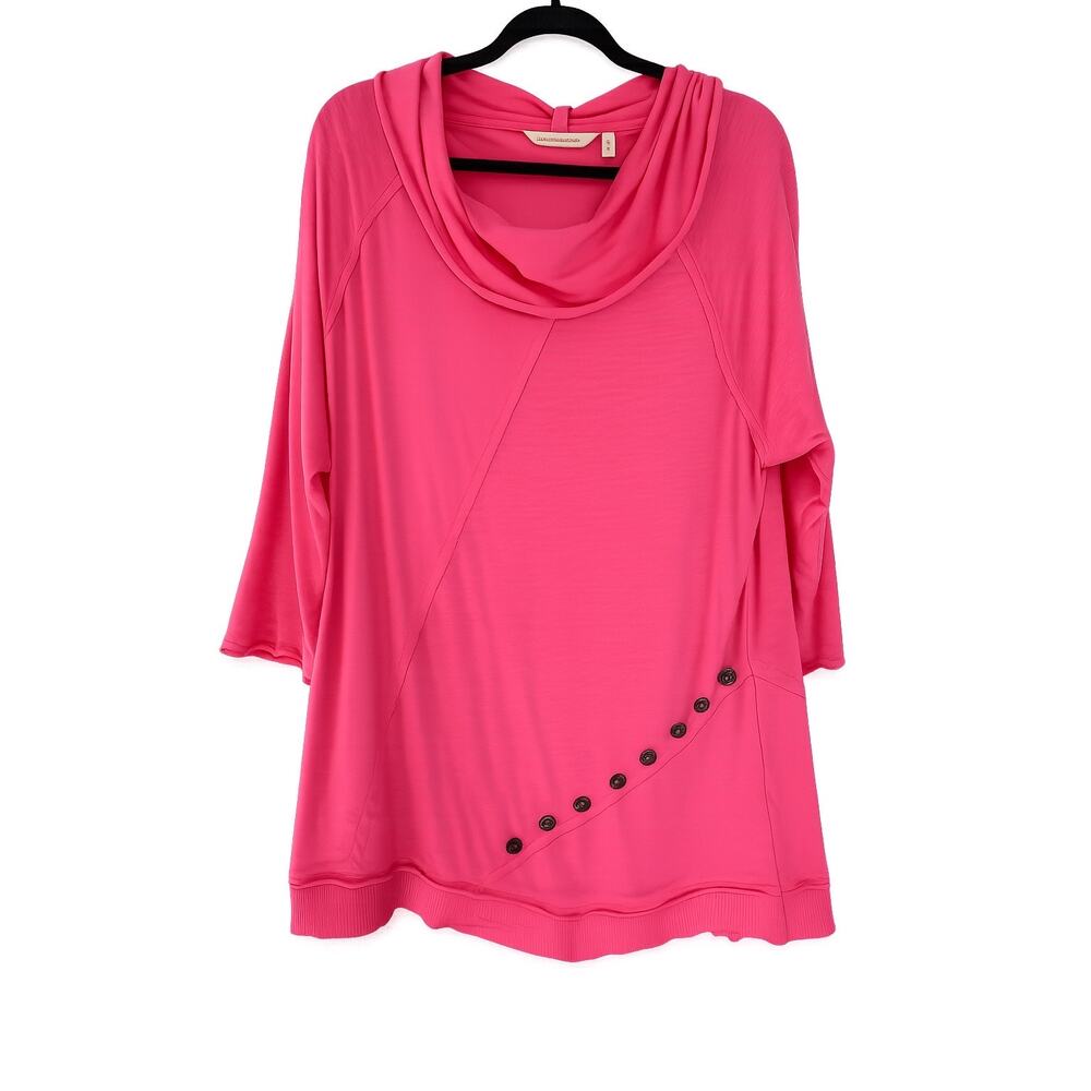 Soft Surroundings Large Hot Pink Cowl Neck Tunic Boho Lagenlook Asym‎ Button Top